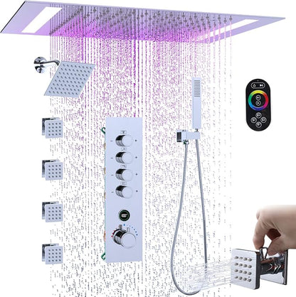 Luxury Thermostatic Digital Dual Heads Shower System Chrome Full Bdoy Spray Shower Faucet Set with 20x14in LED Rainfall Showerhead and 6in Wall Shower, 4 Body Jets with Shut-off, Brass Handheld