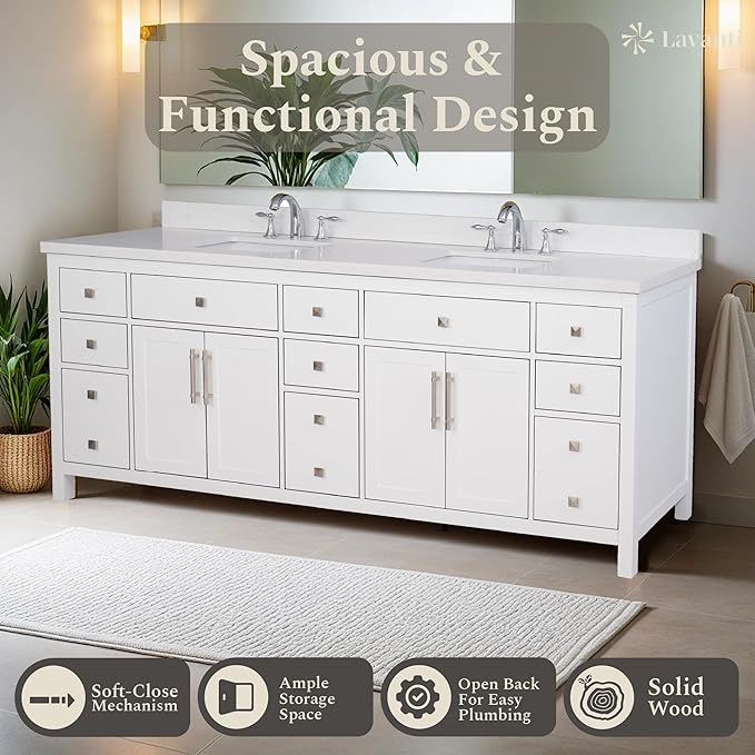 Lavanti Oakford 84 Inch Bathroom Vanity with Sink – Stylish White Vanity Bathroom with Storage Cabinet – Modern Bathroom Vanities with Double Vanity Sink & Quartz Countertop