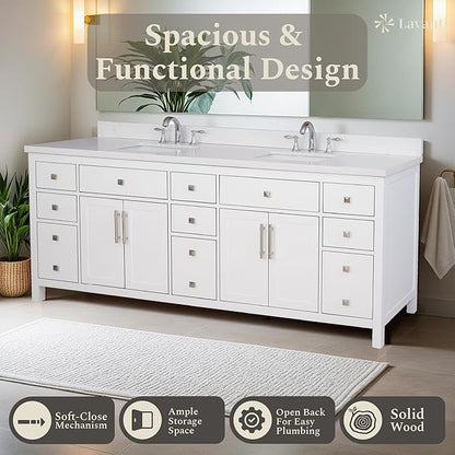Lavanti Oakford 84 Inch Bathroom Vanity with Sink – Stylish White Vanity Bathroom with Storage Cabinet – Modern Bathroom Vanities with Double Vanity Sink & Quartz Countertop