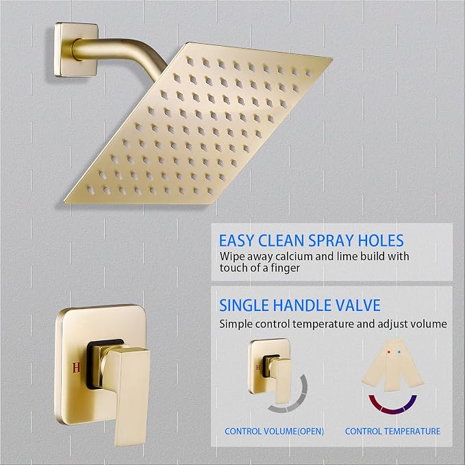 Brushed Gold Shower Faucet GGStudy Single Function Shower Trim Kit with Rough-in Valve Shower Set Bath Rainfall Shower Faucet System 8inch Square Stainless Steel Metal Shower Head