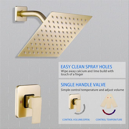 Brushed Gold Shower Faucet GGStudy Single Function Shower Trim Kit with Rough-in Valve Shower Set Bath Rainfall Shower Faucet System 8inch Square Stainless Steel Metal Shower Head