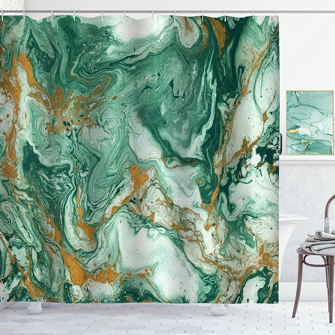 Emerald Green Marble Shower Curtain Modern Abstract Dark Green Gold Shower Curtains for Bathroom Waterproof Polyester Fabric Bath Curtain 72 x 72 Inch with 12 Hooks