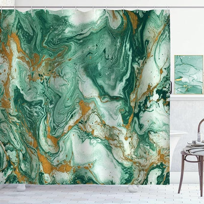 Emerald Green Marble Shower Curtain Modern Abstract Dark Green Gold Shower Curtains for Bathroom Waterproof Polyester Fabric Bath Curtain 72 x 72 Inch with 12 Hooks