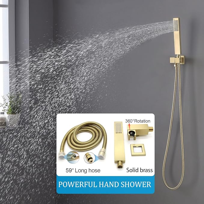 Brushed Gold Rain Shower System Thermostatic Bathroom Faucet Set 16X32 Inch Ceiling Mount Shower Head Set Complete With Thermostatic Control Valve Use All In One