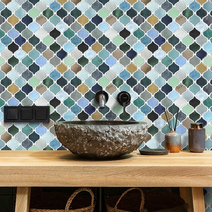STICKGOO Arabesque Peel and Stick Backsplash, 12”X12” Backsplash Tile for Kitchen Peel and Stick, Self Adhesive Wall Tile Stick on Tiles (Thicker Design, Multicolor Look)