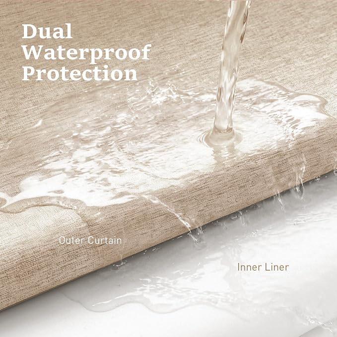 Tan Ringless Linen Textured Shower Curtain with Snap in Liner, 72x75 | 3 in 1 Hotel Shower Curtain Set, Removable Liner, Waterproof & Washable, Mesh Top Window, Durable Fabric, Easy to Install