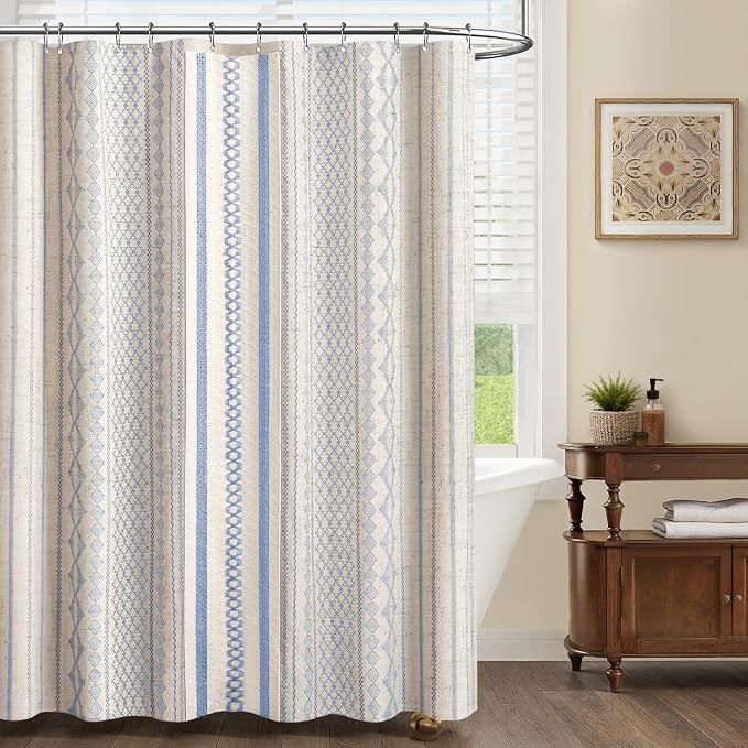 Light Blue Boho Linen Shower Curtain,72" W x 72" L | Linen Striped Print and Twine-Inspired Woven Center for Bathroom