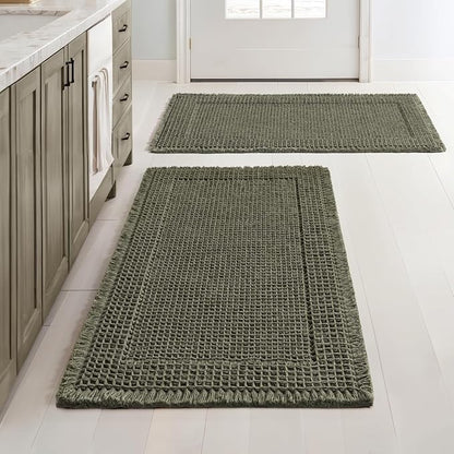 MIULEE Set of 2 Waffle Bathroom Rugs Bordered Bath Mat Green 18x30 Inch | Non Slip, Super Absorbent, Washable, Ultra Soft, Rubber Backed Bath Rugs for Bathroom Floor Tub and Shower, Boho Decor