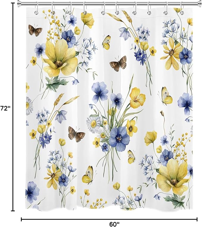 HVEST Farmhouse Floral Shower Curtain with Hooks, Blue and Yellow Flower and Butterfly on White Shower Curtain for Bathroom, Rustic Wildflower Bathroom Curtains Shower Set, 60X72 inch