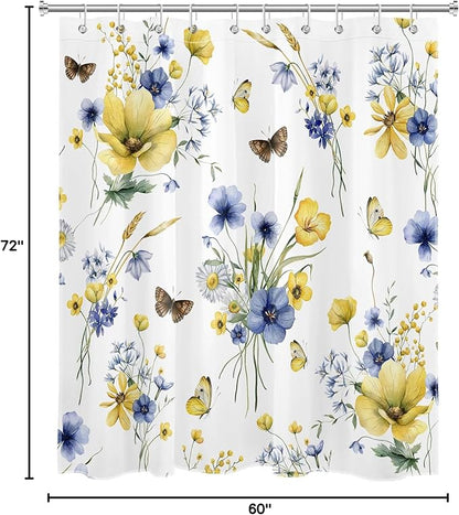 HVEST Farmhouse Floral Shower Curtain with Hooks, Blue and Yellow Flower and Butterfly on White Shower Curtain for Bathroom, Rustic Wildflower Bathroom Curtains Shower Set, 60X72 inch