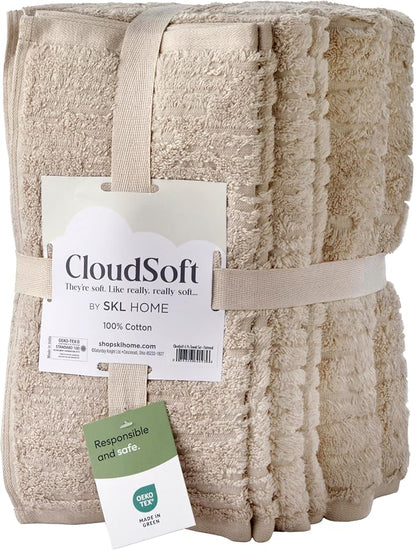 SKL Home CloudSoft Bath Towel Set, 6-Piece, 100% Cotton Luxury, Oatmeal | 2 Bath towels, 2 hand towels, 2 washcloths. Premium spa-level quality. 600/520 GSM weight. Ultra plush & absorbent.