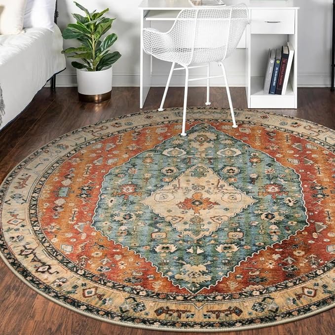 Lahome Felice Boho Tribal Round Rugs 6ft Washable Living Room Area Rug, Soft Bedroom Circle Rug, Oriental Large Indoor Floor Dining Room Carpet for Entryway Nursery (Rust/Dull Teal,6ft-Round)