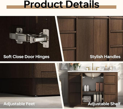 48" Fully Assembled Bathroom Vanity with Sink, Dark Brown | Solid Wood Frame Vanity with Engineered Stone Top & Backsplash, Ceramic Sink, 6 Full-Extension Drawers & 2 Soft-Close Doors