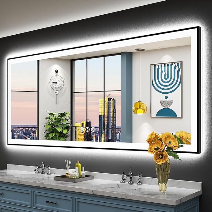 84x32 Black Framed LED Bathroom Mirror with Lights, Backlit and Front Lit Anti-Fog Lighted Vanity Mirrors for Bathroom Wall, Dimmable, 3 Colors, Memory, HD Tempered Glass, Horizontal/Vertical