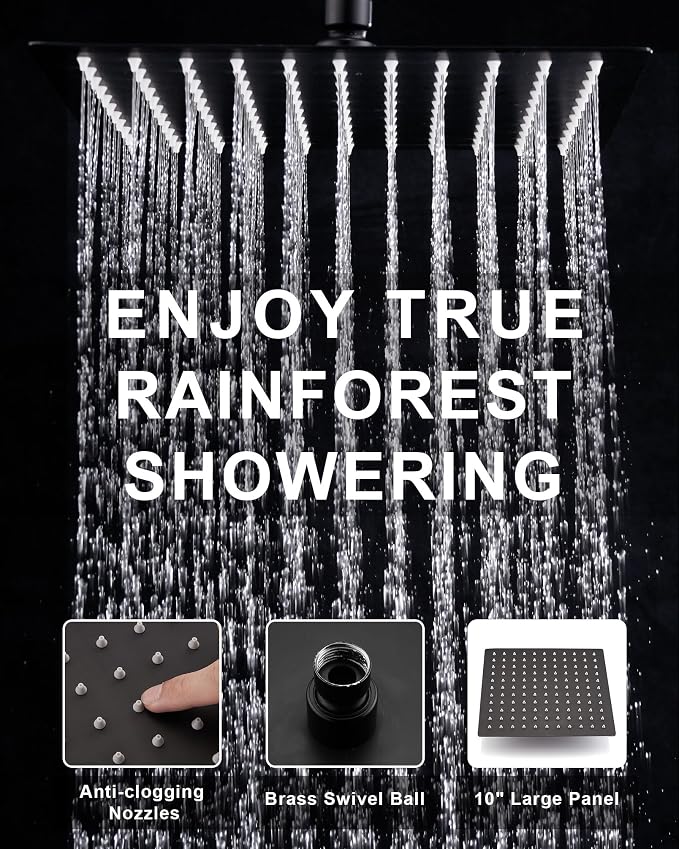 10" Rainfall Shower Head with Handheld Combo, High Pressure Dual Showerhead with Square Rain& Magnetic Hand Sprayer, 15" Adjustable Metal Extension Arm (Matte Black)