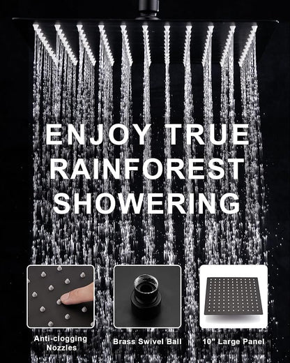 10" Rainfall Shower Head with Handheld Combo, High Pressure Dual Showerhead with Square Rain& Magnetic Hand Sprayer, 15" Adjustable Metal Extension Arm (Matte Black)