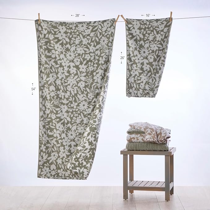 SKL Home Bedford Floral Bath Towel, Premium 100% Cotton, Sage | 600 GSM weight. Spa-level quality. Soft, & absorbent, reversible jacquard.