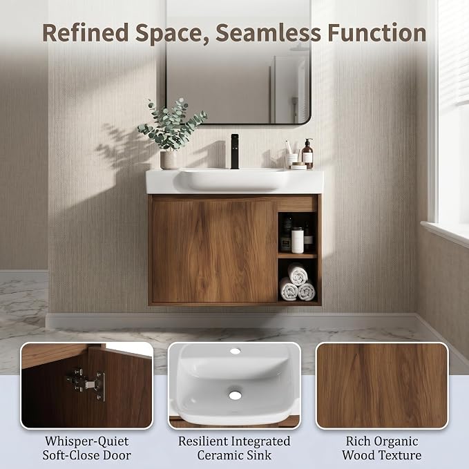 28" Bathroom Vanity with Sink, Wall-Mounted Cabinet, Brown Ebony | Ceramic Sink, Soft-Close Door & 2 Open Storage Shelves, Modern Farmhouse Sink Cabinet, Easy to Clean for Small Bathroom