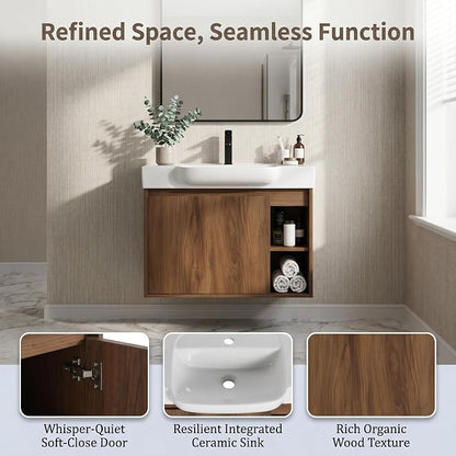 28" Bathroom Vanity with Sink, Wall-Mounted Cabinet, Brown Ebony | Ceramic Sink, Soft-Close Door & 2 Open Storage Shelves, Modern Farmhouse Sink Cabinet, Easy to Clean for Small Bathroom