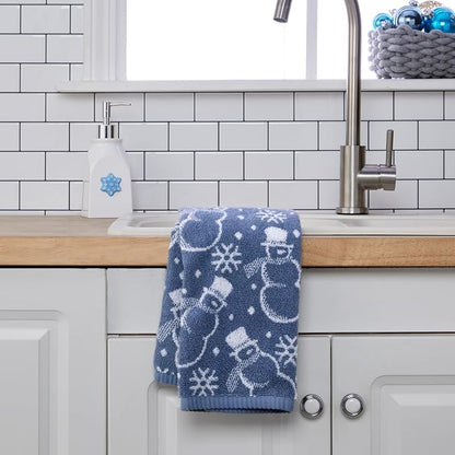 SKL Home Winter/Christmas Top Hat Snowmen Hand Towel Set-2pc, Blue | 100% Cotton. 500 GSM. Soft & absorbent. Reversible jacquard pattern. Great for use in the bathroom, kitchen or bar & gifting.