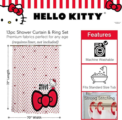 Sanrio Hello Kitty 13-Piece Shower Curtain Set, 72" x 70" Fabric Curtain with Hooks, Polka Dot Kawaii Bathroom Decor, Machine Washable, (100% Officially Licensed Product) by Franco Collectibles