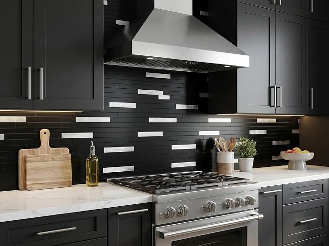 Yipscazo 2 Sheets Peel and Stick Stone Metal Backsplash, PVC Wall Tiles Stick on Tiles for Backsplash Kitchen, Bathroom, Fireplace (6'' X 12'', Black)