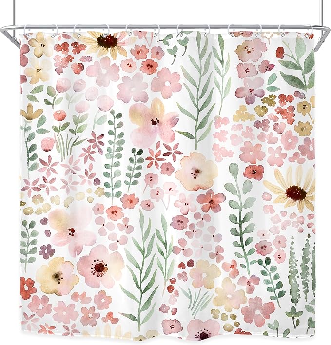 Cute Pink Green Floral Spring Boho Kids Girls Bathroom Shower Curtain Set | 72"W x 72"H Girly Watercolor; waterproof HD print, quick-dry fabric with 12 hooks for easy hanging.