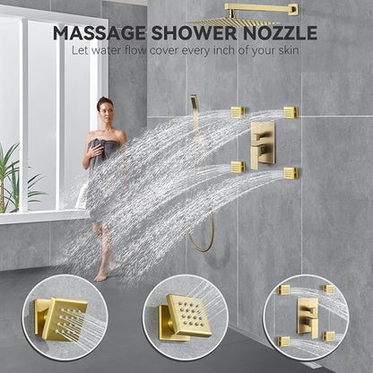 Rain Shower System With Complete 4 Pcs Body Sprays Jets And Pressured Balance Rough-in Valve,12Inch Rainfall Shower Head And Handheld, Modern Brushed Gold Wall Mount Shower Faucets Sets