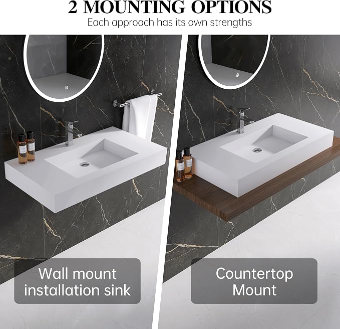 30 inch Wall Mount Floating Vanity with Sink | Bathroom Vessel Sink Rectangle Modern Stone Resin White Washing Sink Art Basin for Bathroom AFS140-750