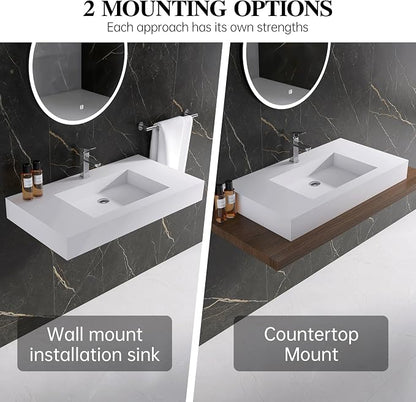 30 inch Wall Mount Floating Vanity with Sink | Bathroom Vessel Sink Rectangle Modern Stone Resin White Washing Sink Art Basin for Bathroom AFS140-750