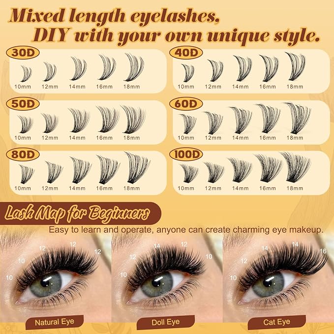 QUEWEL 580PCS Eyelash Clusters 30D+40D+50D+60D+80D+100D Wispy Lash Clusters | 10-18mm Cluster Lashes Individual Lashes Clusters Reusable for Natural DIY Cluster Eyelash Extensions for Beginners