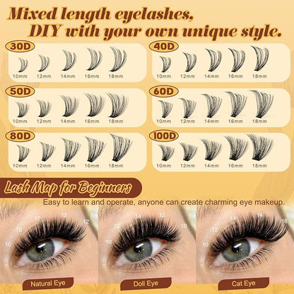 QUEWEL 580PCS Eyelash Clusters 30D+40D+50D+60D+80D+100D Wispy Lash Clusters | 10-18mm Cluster Lashes Individual Lashes Clusters Reusable for Natural DIY Cluster Eyelash Extensions for Beginners