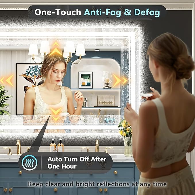 55x36 LED Bathroom Mirror with Lights, Backlit and Front Lit Anti-Fog Lighted Vanity Mirrors for Bathroom Wall, Dimmable, 3-Color Light, Memory, Shatter-Proof, HD Tempered Glass, CRI＞90