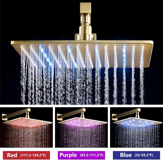 Aolemi Shower Faucet Set with Valve Handheld 12" LED Head Brushed Gold | Handheld Spray,12 Inch Rain LED Head,Valve and Trim Kit,All Metal,Wall Mount Shower System,Bathroom Mixer