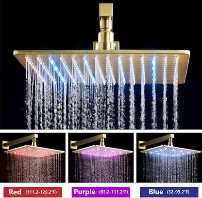 Aolemi Shower Faucet Set with Valve Handheld 12" LED Head Brushed Gold | Handheld Spray,12 Inch Rain LED Head,Valve and Trim Kit,All Metal,Wall Mount Shower System,Bathroom Mixer