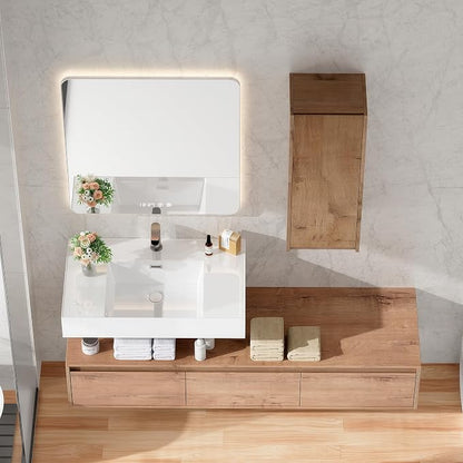 60 Inch Floating Bathroom Vanity with Single Sink, Modern Wall-Mounted Bathroom Cabinet with Resin Sink & Soft Close Drawer & Side Cabinet, Split-Level Layout (Nature Oak, 60"+1 Side Cabinet)
