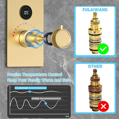 Luxury 20x14in LED Rainfall Mist Dual Shower System Can Run Togther | Brushed Gold 4-way Thermostatic Digital Display Brass Valve, Ceiling Flush Showerhead and 6in Tilt Shower, Brass Handheld