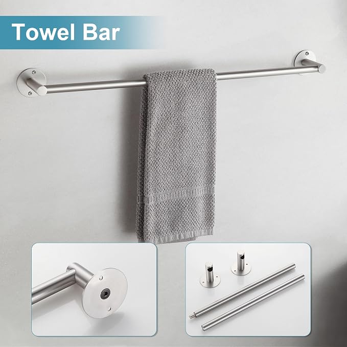 Towel Racks for Bathroom 4 Pieces,Brushed Nickel Stainless Steel Bathroom Accessories Set Wall Mounted Included 24 Inches Towel bar,Towel Holder,Toilet Paper Holder,Robe Hook