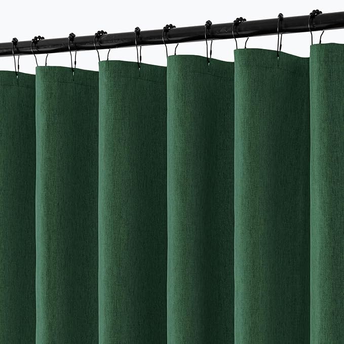 ANRODUO Dark Green Linen Textured Fabric Shower Curtain Set - W72xL72 | Farmhouse Shower Curtain with 12 Metal Hooks, Waterproof Heavy Duty, Button Hole Design, Machine Washable for Bathroom