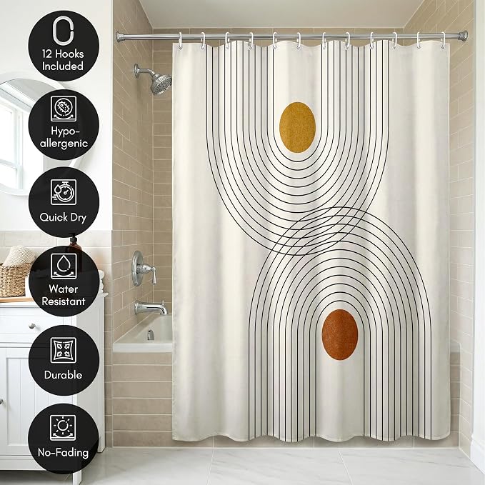 Americanflat 71x74 Boho Shower Curtain - Water-Resistant Long Shower Curtain with Durable Metal Grommets and 12 Hooks - 100% Polyester - Black, Mustard Yellow, Terracotta and Beige