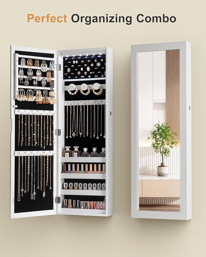 Nicetree 6 LEDs Jewelry Armoire, Hanging Mirror Jewelry Cabinet, White | Over the Door Jewelry Organizer, Lockable Mirror with Jewelry Storage, Auto-on Light, Gift Idea, Easy Assembly