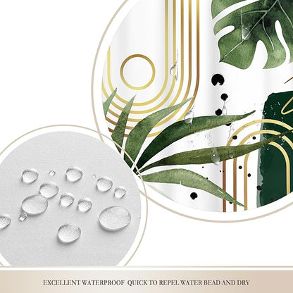 Glawry Green Gold Boho Mid Century Shower Curtain Abstract Tropical Plant Minimalist Modern Geometric Palm Leaf Arch Bathroom Simple 60Wx72L Inches Bath Accessories Art Home Decor Fabric 12 Pack Hooks