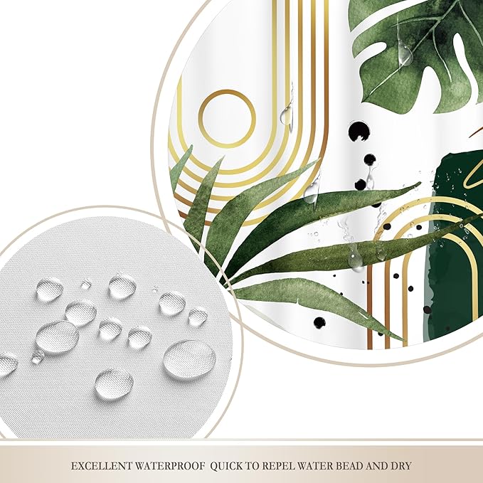 Glawry Green Gold Boho Mid Century Shower Curtain Abstract Tropical Plant Minimalist Modern Geometric Palm Leaf Arch Bathroom Simple 72Wx72L Inches Bath Accessories Art Home Decor Fabric 12 Pack Hooks