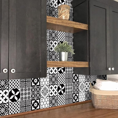 Easy Peel Stick Vinyl wall Tile Decals 6x6in Stick on backsplash,12Pc | Waterproof&heat resistant tile stickers for kitchen RV laundry backsplash decor,remove no damaging,black white tile