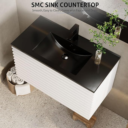 eclife 36" Floating Bathroom Vanity with Sink Combo, Mid-Century Wall Mounted Cabinet with Wood Stripes Decor, Drawers, Undermount Single Black Sink, Faucet, Drain, Mixed White