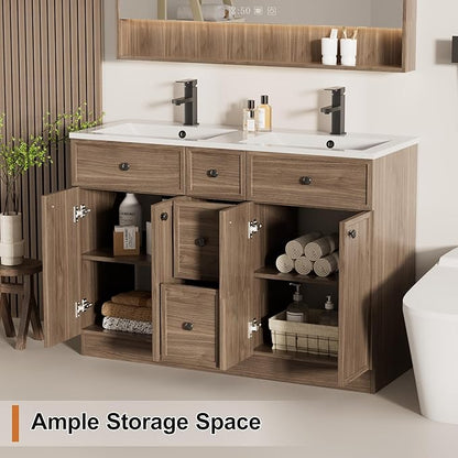 LUCKWIND 48" Bathroom Vanity Sink Combo, Modern Bathroom Cabinet with Double Undermount Solid Surface Vanity Sink, Soft-Close Hinges & Water-Saving Faucet, Taupe
