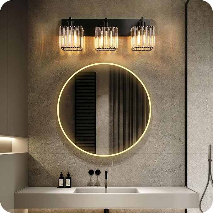 Modern Crystal Vanity Light, 3-Light Bathroom Light Fixture, 22" Square Vanity Lighting Fixture, E26 Base, Bulbs Not Included, for Bathroom,Vanity Light Over Mirror, Hallway,Black B06BD05W1