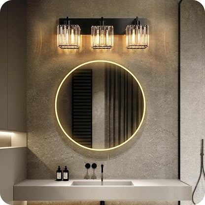 Modern Crystal Vanity Light, 3-Light Bathroom Light Fixture, 22" Square Vanity Lighting Fixture, E26 Base, Bulbs Not Included, for Bathroom,Vanity Light Over Mirror, Hallway,Black B06BD05W1