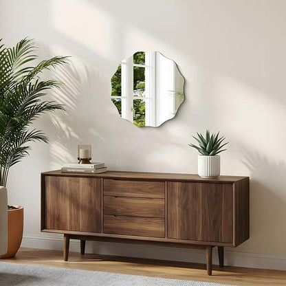 CILIBER Wavy Mirror for Wall, 18'' Scalloped Frameless Round Mirror, 3mm Tempered Glass Decorative Bathroom Vanity Mirror, Mounting/Leaning for Mantel, Living Room, Bedroom and Entryway
