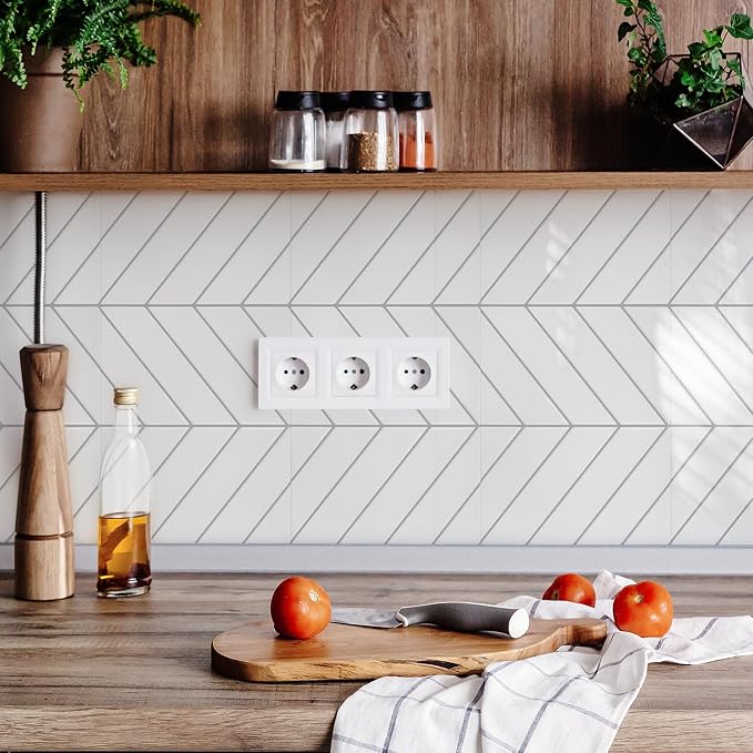 STICKGOO Herringbone Peel and Stick Backsplash, White/Grey Grout, 10 Sheets | 12.6 x 9.7 in, Thicker Rectangular Vinyl Stick-On Wall Tiles, Easy Alignment, Waterproof, Easy to Clean, Kitchen/Bathroom